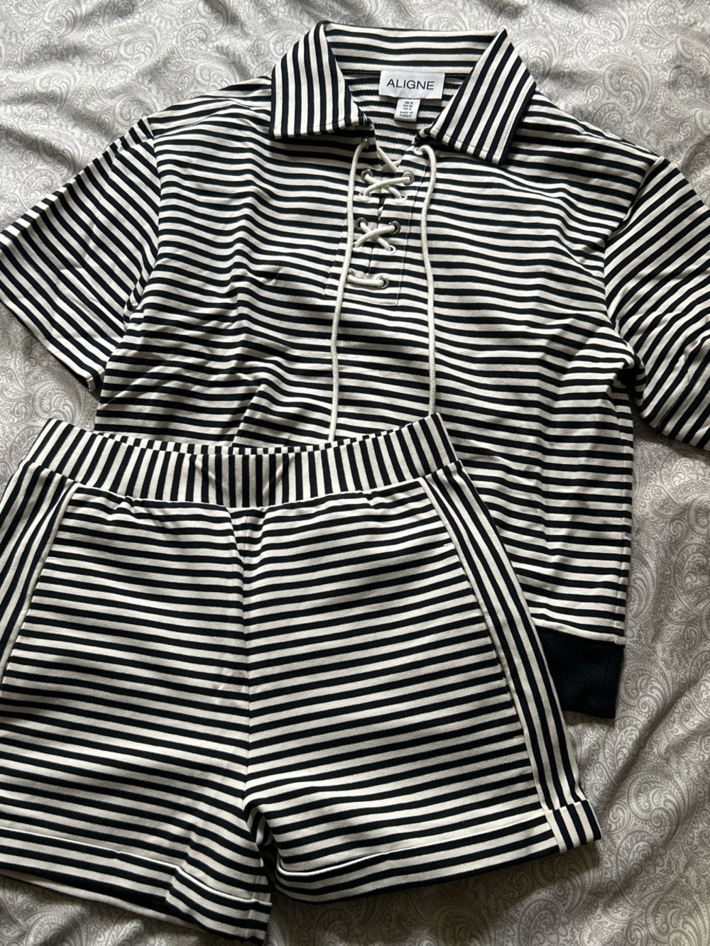 ALIGNE Black & White Striped Lace-Up Short Sleeve Top